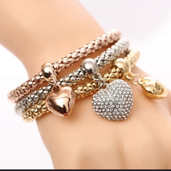 Jewelry - New 3 Heart Charm Triple Layer Stretch Bracelets